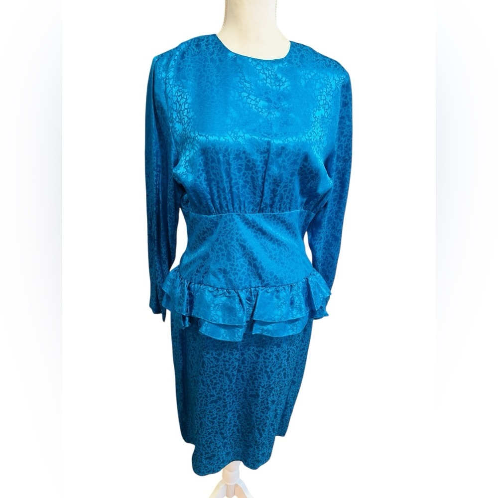 RARE Vintage 80s Courtenay Silk Peplum Dress Deadstock Statement electric Blue - Picture 3 of 7